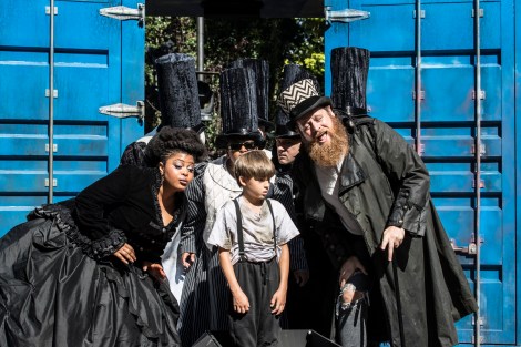 Gbemisola Ikumelo (Mrs Corney), Lewis Fernée (Oliver) and Daniel Hoffmann-Gill (Mr Bumble) in Oliver Twist Created For Everyone  Photo Johan Persson..jpg